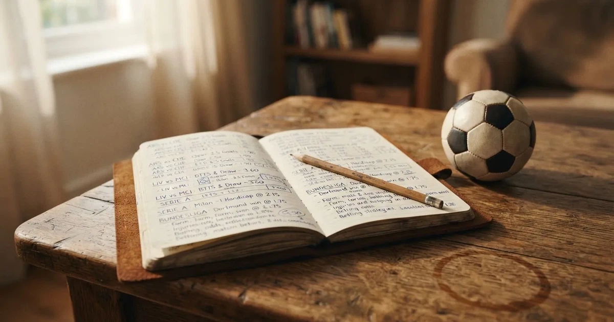 Ein Notizbuch mit handschriftlichen Notizen und einem Bleistift liegt auf einem Holztisch, daneben ein kleiner Fußball im Tageslicht.
