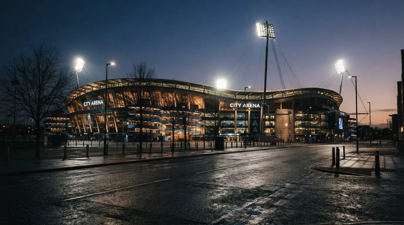 Ein Stadion unter Flutlicht aus großer Entfernung, davor eine leere Straße in der Abenddämmerung.