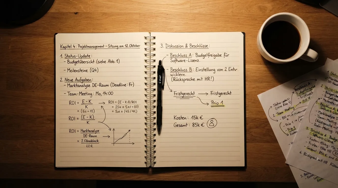 Ein Notizbuch mit handschriftlichen Notizen und ein Taschenrechner stehen auf einem Schreibtisch, daneben eine Tasse.
