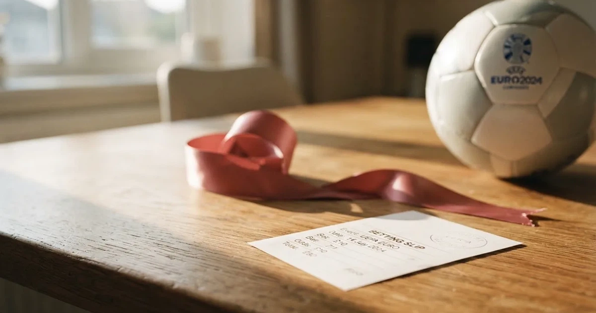 Ein kleines Geschenkband liegt neben einem Fußball und einem leeren Papier-Wettschein auf einem Holztisch im Tageslicht.