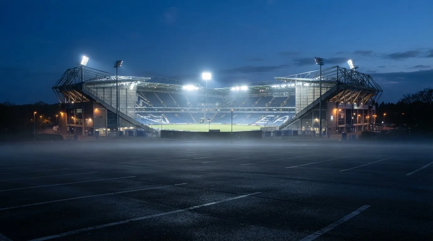 Ein Stadion unter Flutlicht aus der Ferne gesehen, davor ein leerer Parkplatz im Dunst.