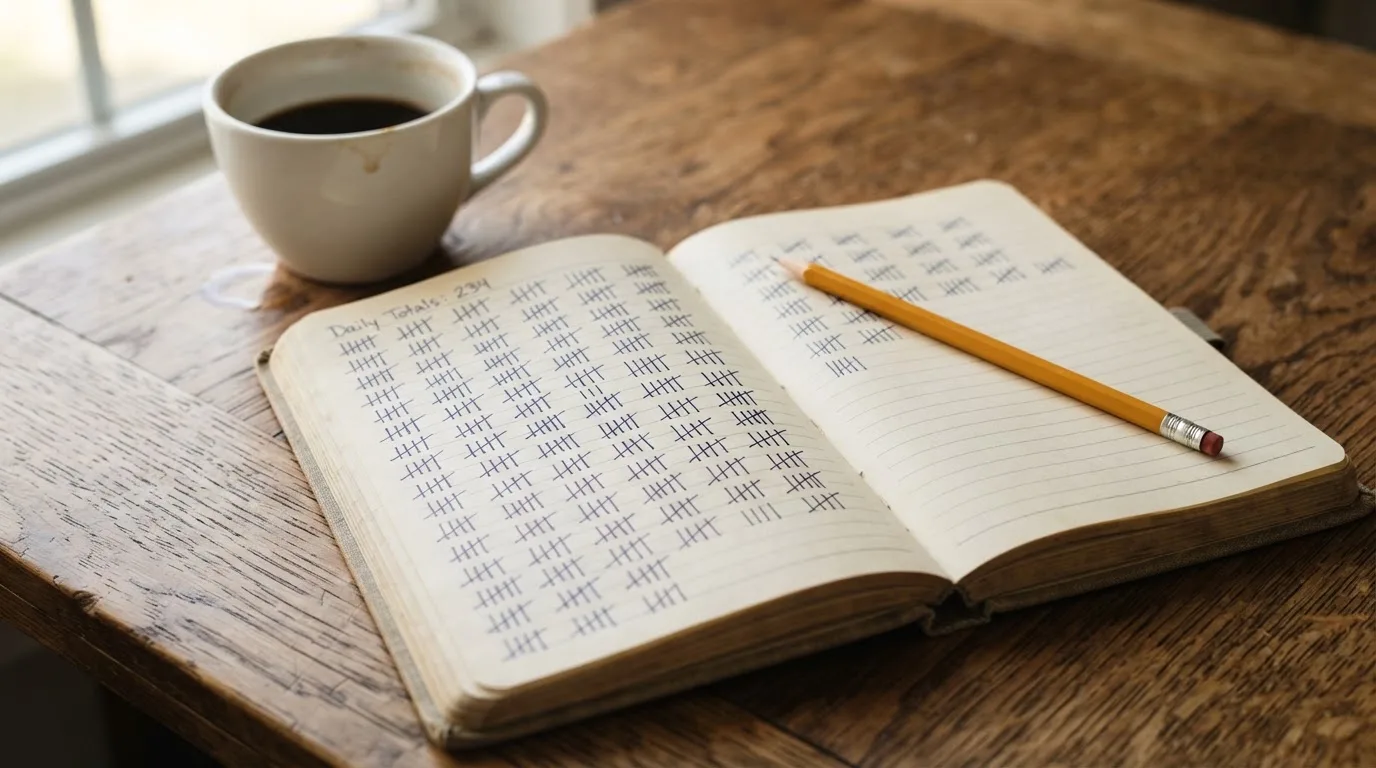Ein Notizbuch mit handgeschriebenen Strichlisten liegt neben einem Bleistift und einer Kaffeetasse auf einem Holztisch.