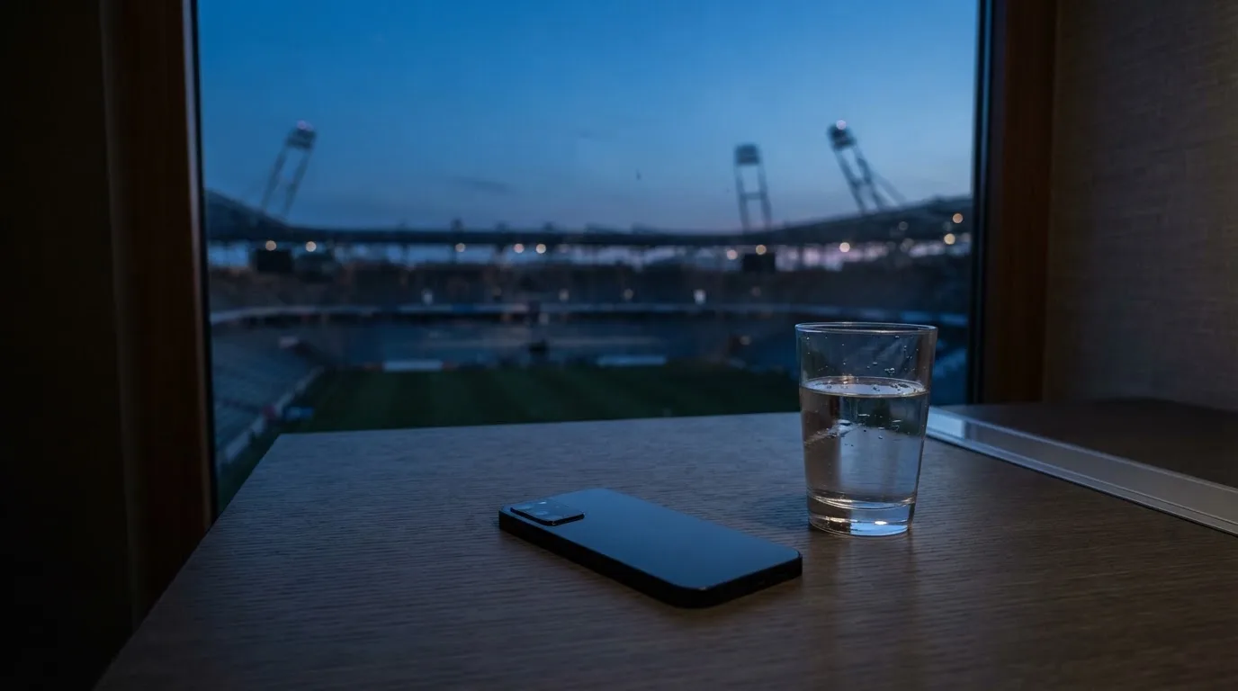 Ein Smartphone mit dunklem Display liegt auf einem Schreibtisch neben einem Glas Wasser, im Fenster dahinter ein Stadion im Dämmerlicht.