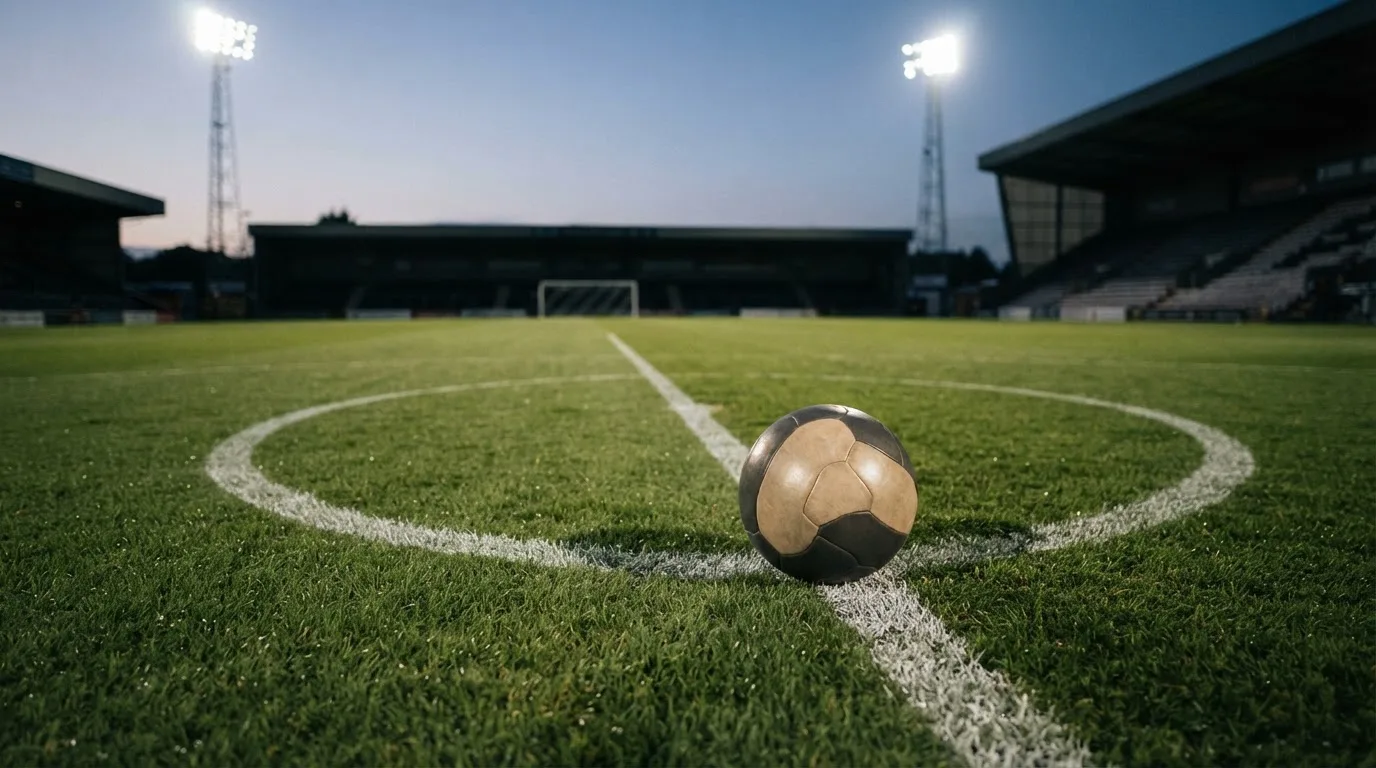 Ein Fußball liegt auf dem Mittelkreis eines leeren Rasenplatzes unter Flutlicht am frühen Abend, die Tribünen sind nur schemenhaft zu erkennen.