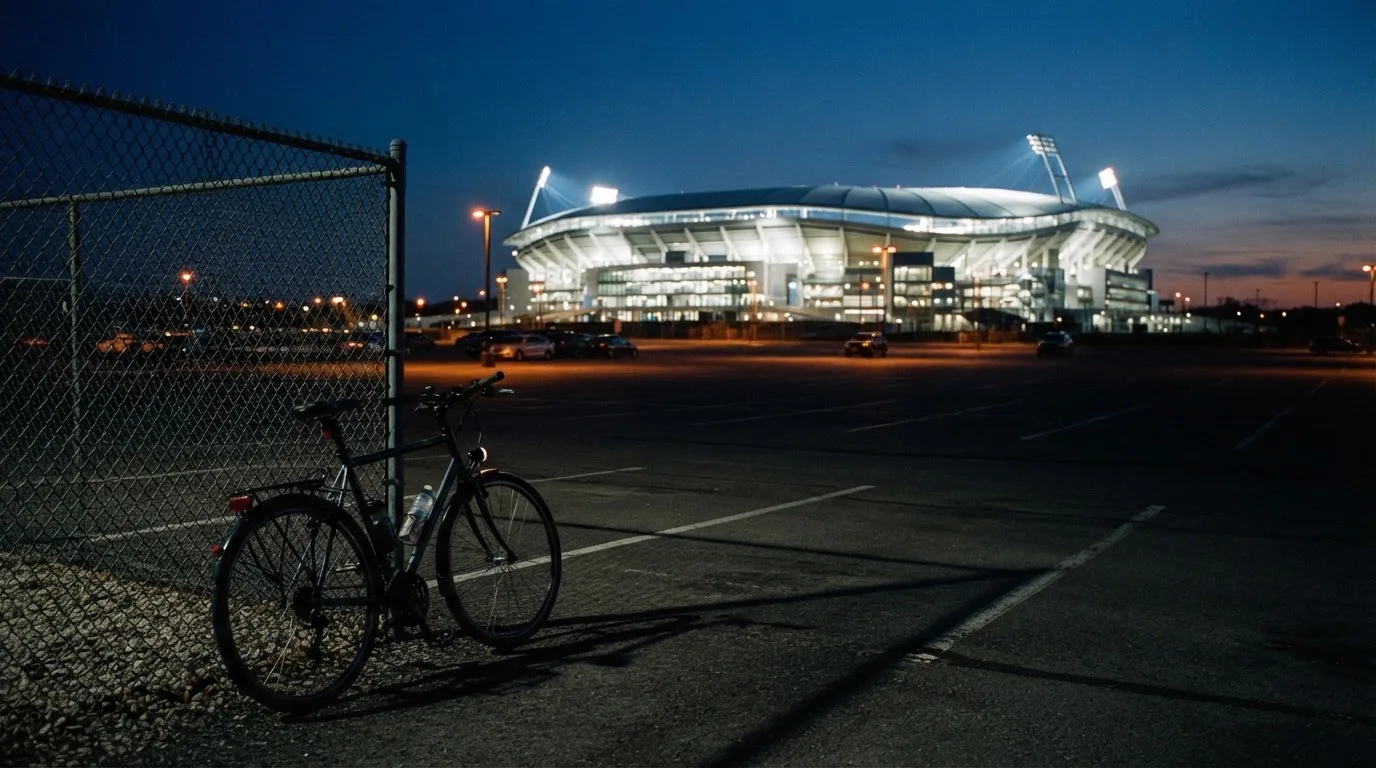 Ein Stadion unter Flutlicht aus der Ferne gesehen, davor ein dunkler Parkplatz und ein einzelnes Fahrrad an einem Zaun.