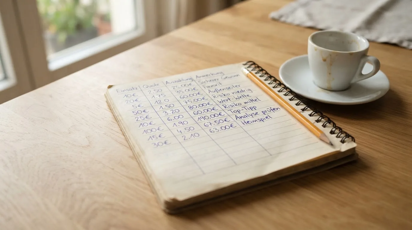 Ein Notizbuch mit handschriftlichen Zahlenreihen und ein Bleistift liegen auf einem Küchentisch neben einer Tasse.