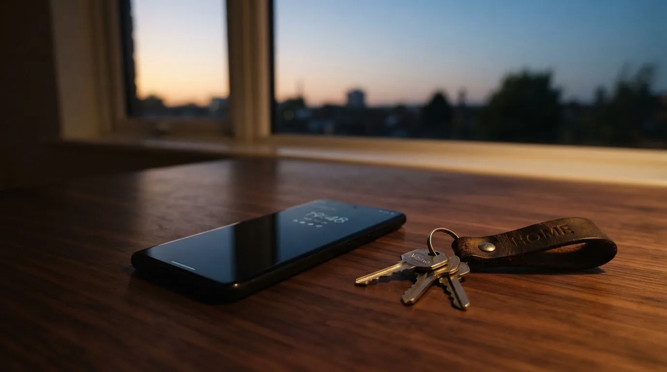 Ein Smartphone mit dunklem Display liegt auf einem Holztisch, daneben ein Schlüsselbund, im Hintergrund ein Fenster mit Abendlicht.
