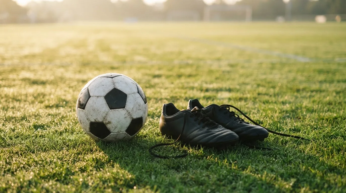 Ein Fußball auf frisch gemähtem Rasen im Morgenlicht, daneben ein Paar Fußballschuhe ohne erkennbare Marke.