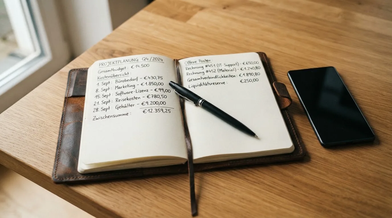 Ein Notizbuch mit handgeschriebenen Zahlen und ein Kugelschreiber liegen auf einem Tisch, daneben ein Smartphone mit schwarzem Bildschirm.