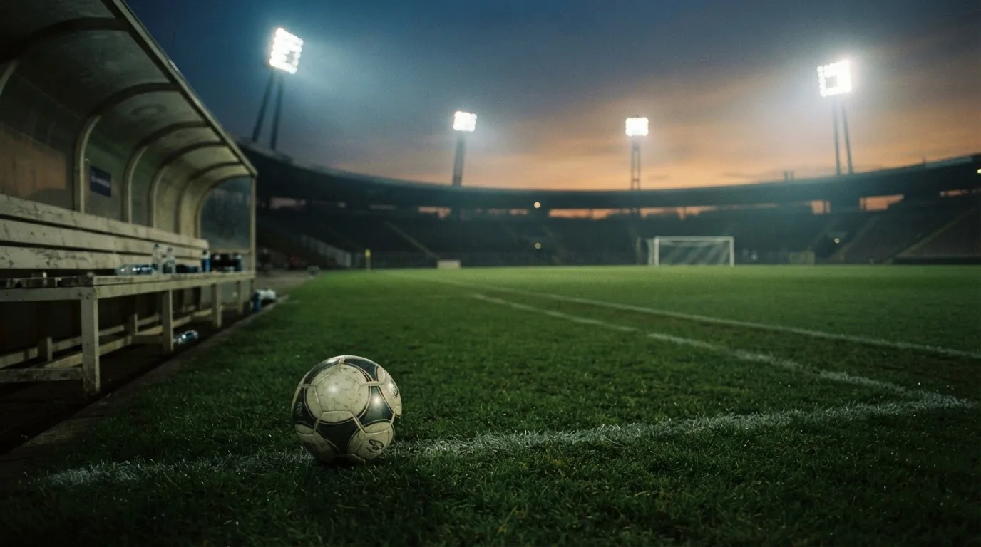 Ein Fußball liegt am Spielfeldrand neben einer leeren Ersatzbank, das Flutlicht über dem Platz leuchtet in der Dämmerung.