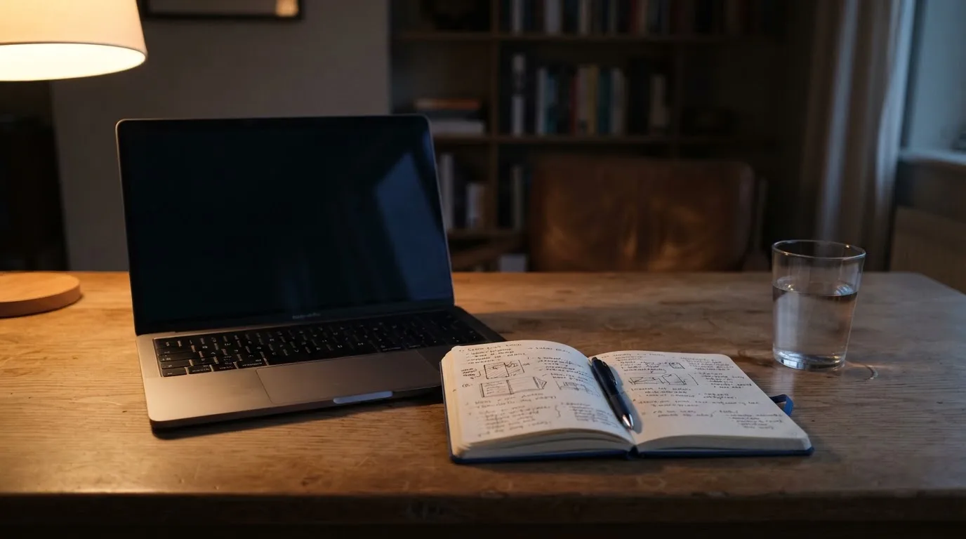 Ein Laptop mit dunklem Bildschirm steht aufgeklappt auf einem Schreibtisch, daneben ein Notizbuch und ein Glas Wasser.