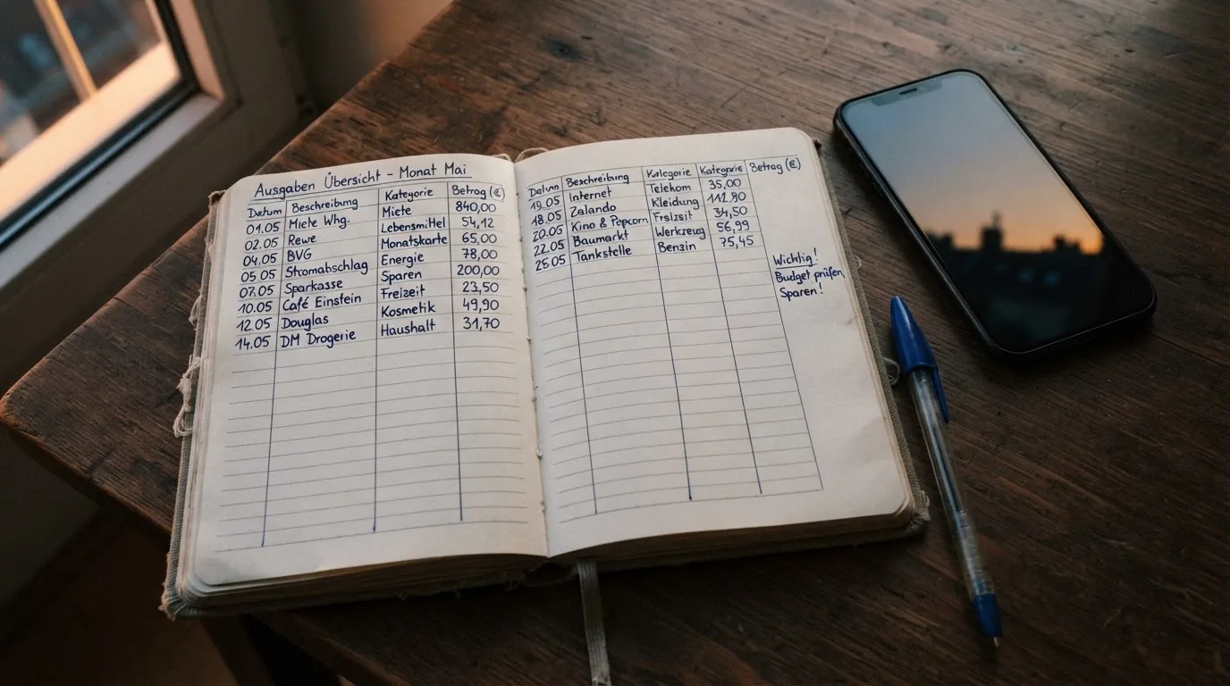 Ein Notizbuch mit handschriftlichen Zahlen liegt neben einem Smartphone mit dunklem Display auf einem Tisch, im Fenster Dämmerlicht.