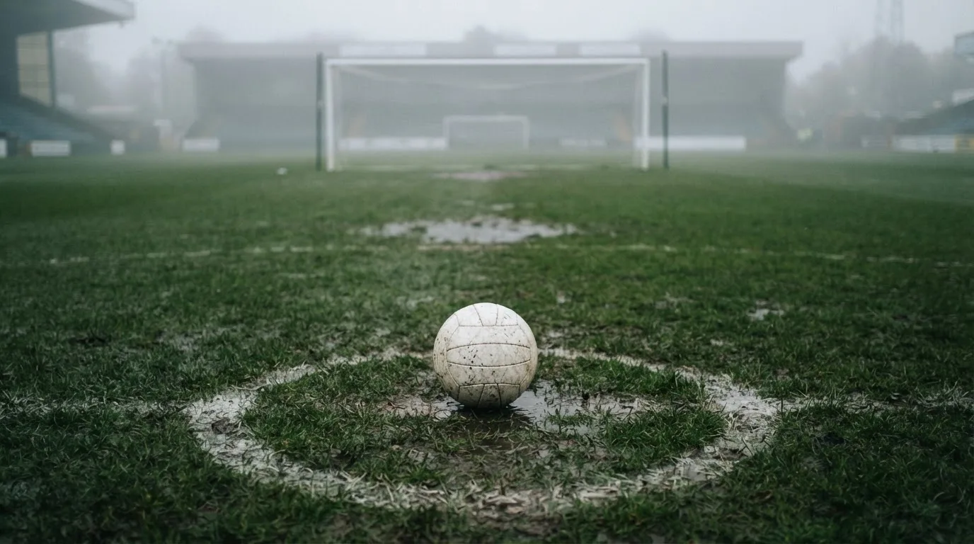 Ein Fußball liegt auf dem Elfmeterpunkt eines nassen Rasenplatzes, im Hintergrund ein leeres Tor im Nebel.