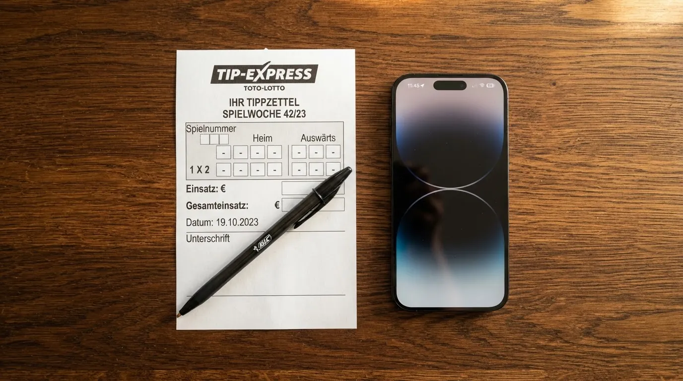 Ein leerer Papier-Wettschein und ein Kugelschreiber liegen auf einem Holztisch neben einem schwarzen Smartphone.