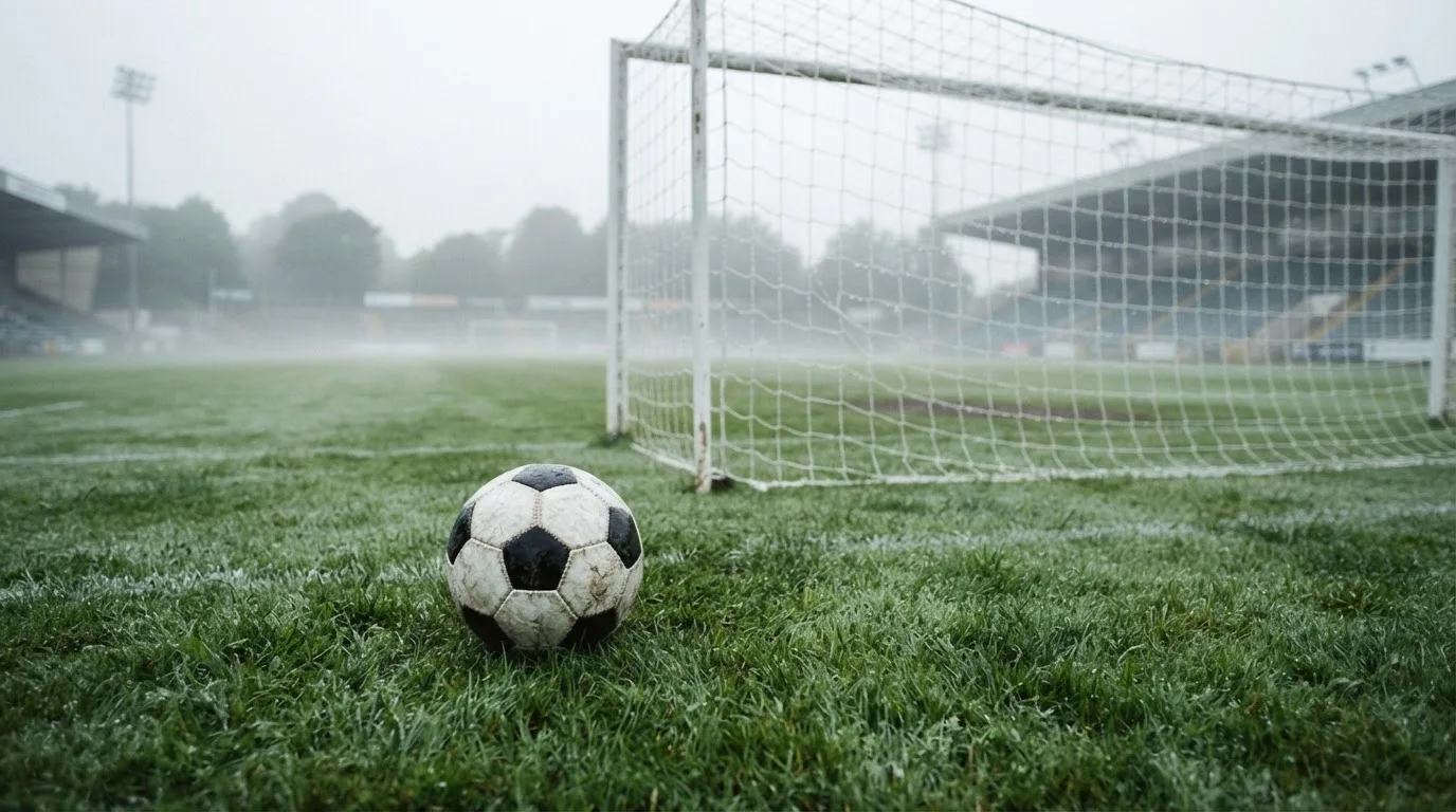 Ein Fußball liegt auf dem Rasen vor einem Tor im Morgennebel, die Netzmaschen sind taufeucht.