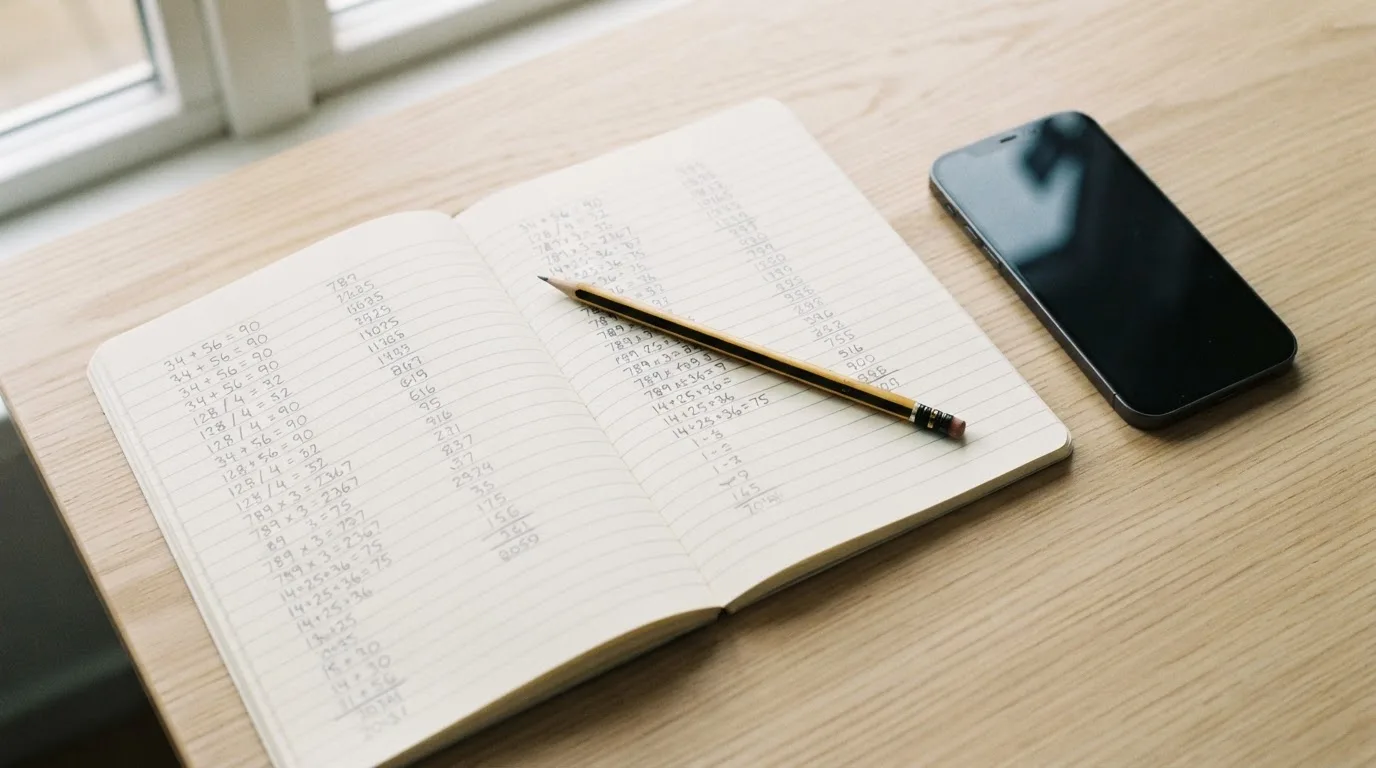 Ein Notizbuch mit handschriftlichen Zahlenreihen liegt neben einem Bleistift und einem Smartphone mit dunklem Display auf einem Tisch.