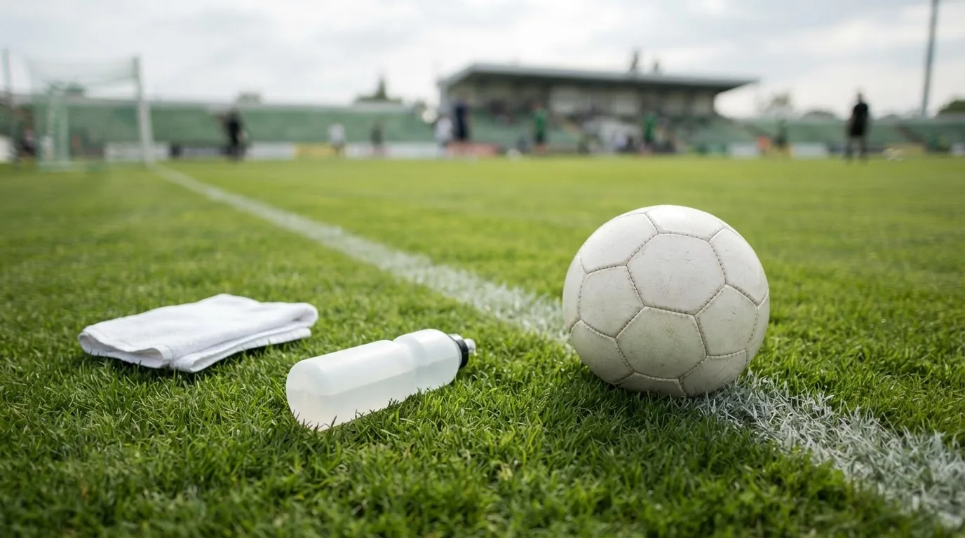 Ein Fußball auf einer Wiese neben der Seitenlinie, daneben eine Trinkflasche ohne Aufdruck und ein Handtuch.