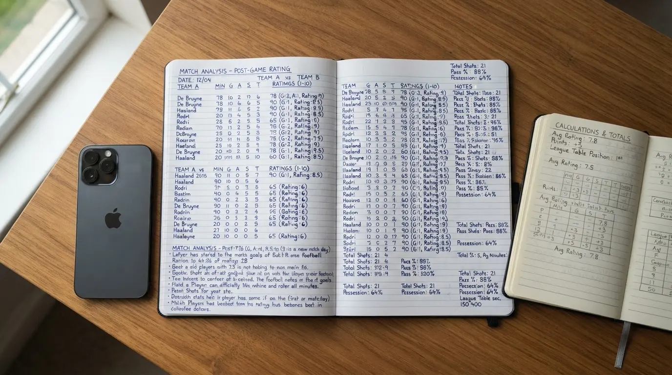 Ein Notizbuch mit handschriftlichen Notizen und ein Taschenrechner liegen auf einem Schreibtisch neben einem Smartphone mit dunklem Display.