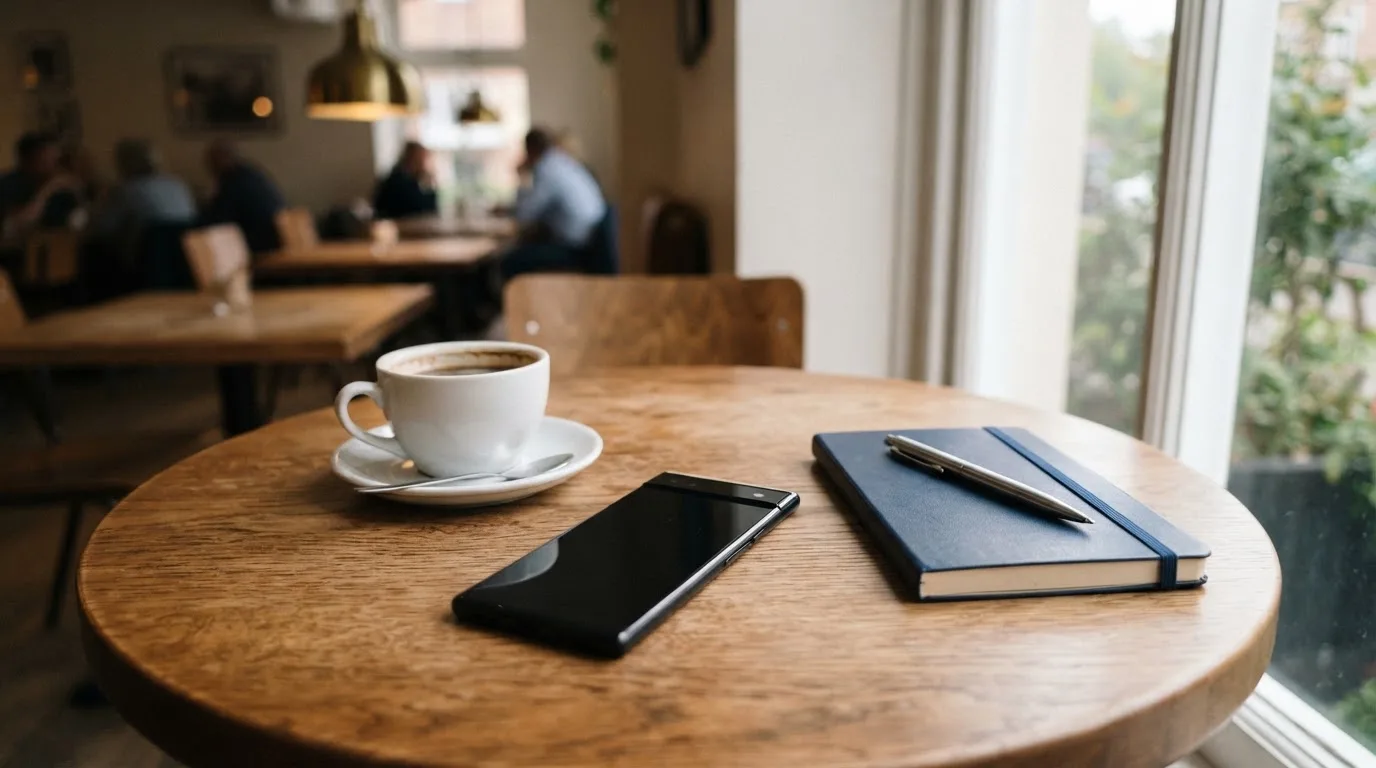 Ein Smartphone liegt mit schwarzem Display neben einer Kaffeetasse und einem Notizblock auf einem Café-Tisch.