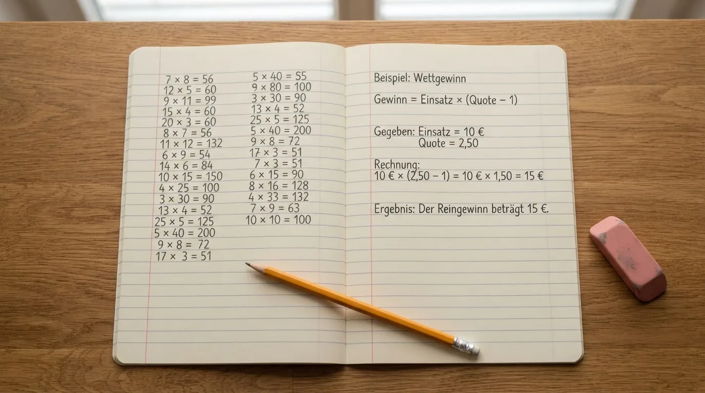 Ein Notizbuch mit handschriftlichen Multiplikationen liegt aufgeschlagen auf einem Holztisch, daneben ein Bleistift und ein Radiergummi.