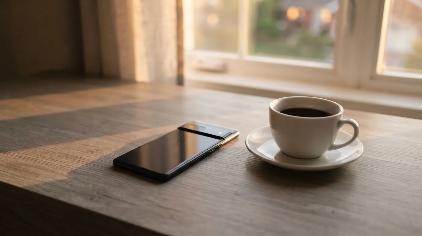 Ein Smartphone mit dunklem Display liegt neben einer Kaffeetasse auf einem Schreibtisch, durch das Fenster fällt Abendlicht.