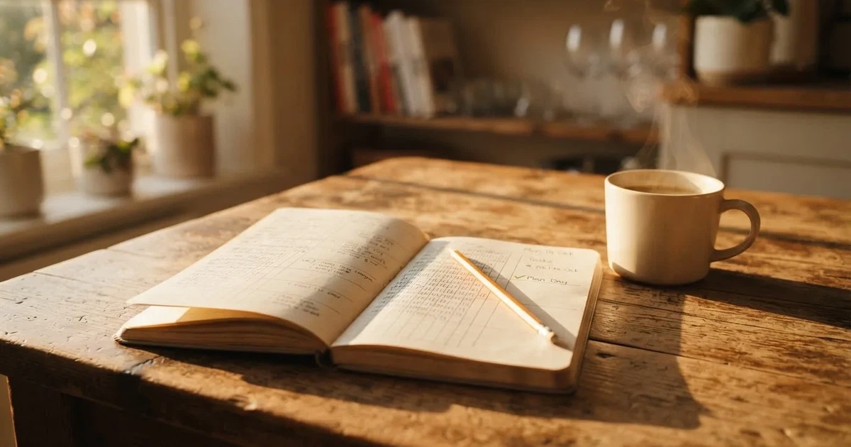 Ein aufgeschlagenes Notizbuch mit handgezeichneten Spalten und Strichen liegt neben einem Bleistift und einer Kaffeetasse auf einem Tisch am Morgen.