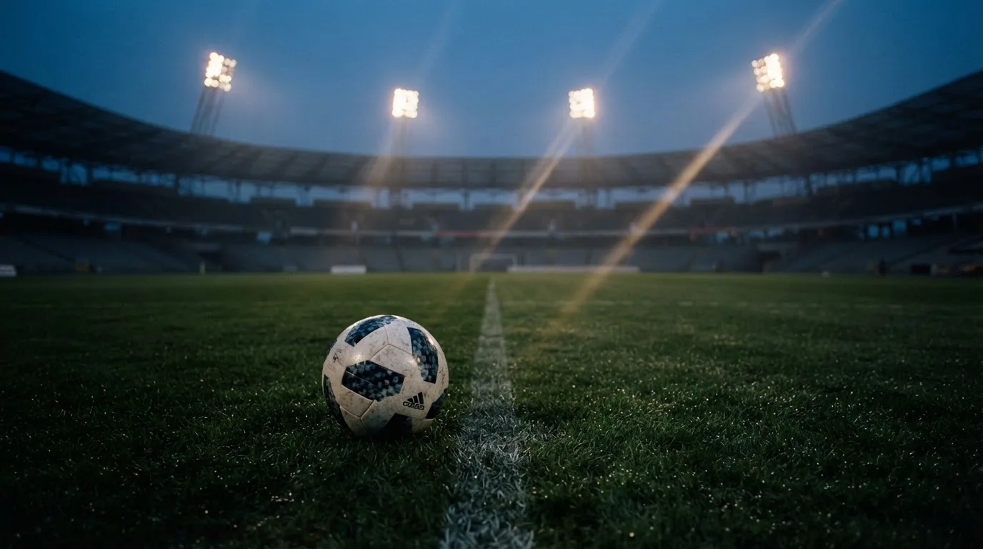 Ein Fußball liegt auf einem Rasenplatz in der Dämmerung, im Hintergrund ein ferner Stadionrand unter Flutlicht.