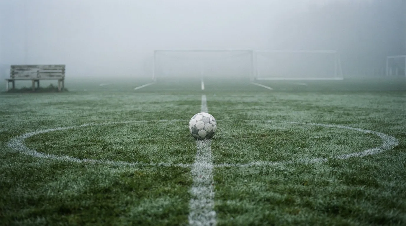 Ein Fußball liegt in der Mitte eines leeren Rasenplatzes im Morgennebel, am Rand steht eine einzelne Auswechselbank.