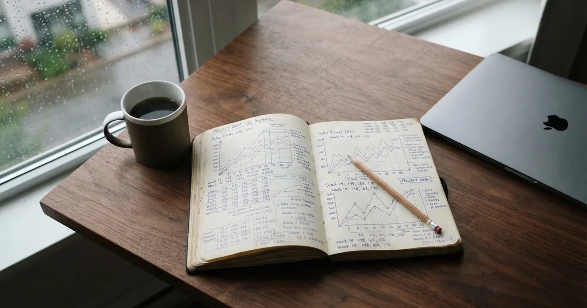 Ein Laptop-Bildschirm bleibt dunkel, davor ein Notizbuch mit handgezeichneten Kurven und ein Bleistift auf einem Schreibtisch am Fenster.