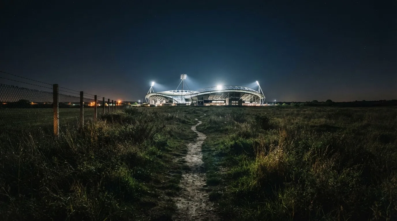 Ein Stadion unter Flutlicht von weitem gesehen, davor ein Feld und ein Feldweg im Dunkeln.